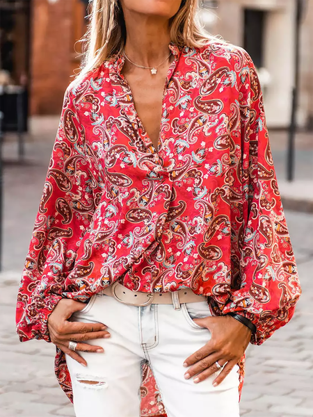 

Paisley Print Long Sleeve Casual Vacation Loosen Shirts & Tops, Red, Long sleeve tops