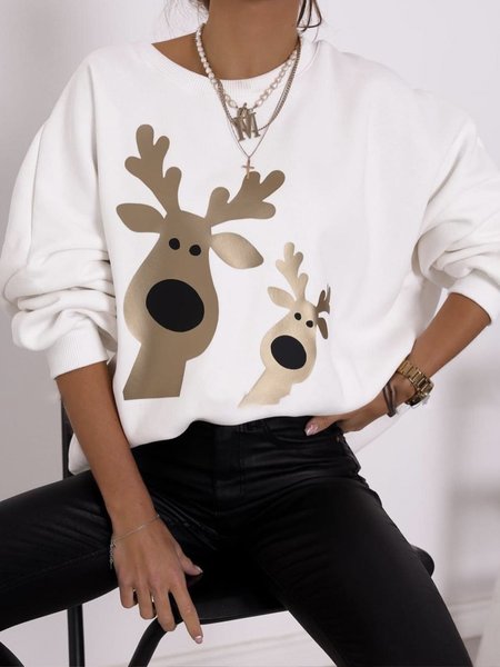 

Animal Loosen Crew Neck Long Sleeve Sweatshirt, White, Hoodies & Sweatshirts