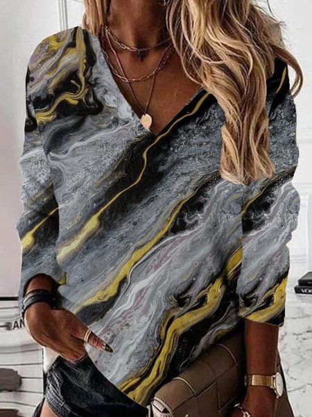 

Abstract print Sexy V Neck Long Sleeve Sweatshirt, Gray, Hoodies & Sweatshirts