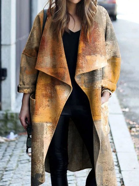 

Fashion Printed Lapel Long Sleeve Casual Coat, Yellow, Coats