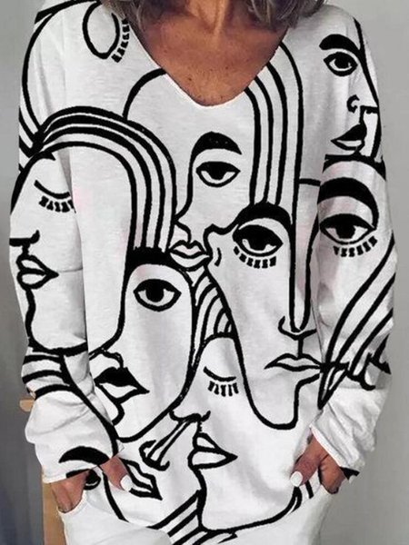 

Abstract Printed V Neck Off Shoulder Casual Long Sleeve Shirts & Tops, White, Tees & T-shirts