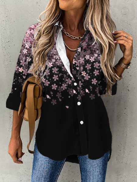 

Plus size Casual Floral Printed Long Sleeve Shirts, Black, Blouses & Shirts