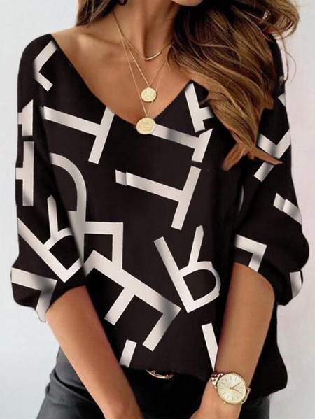 

V Neck Loosen Batwing Letter Shirts & Tops, Black, Long sleeve tops
