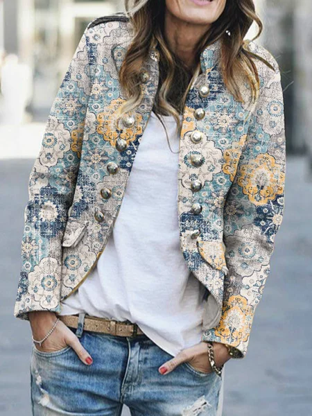 

Stand Collar Abstract Regular Fit Outerwear, Multicolor, Outerwear