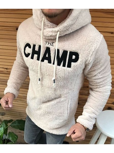 

Men's Solid Color Embroidered Hooded Long-sleeved Plush Sweater, As picture, Hoodies