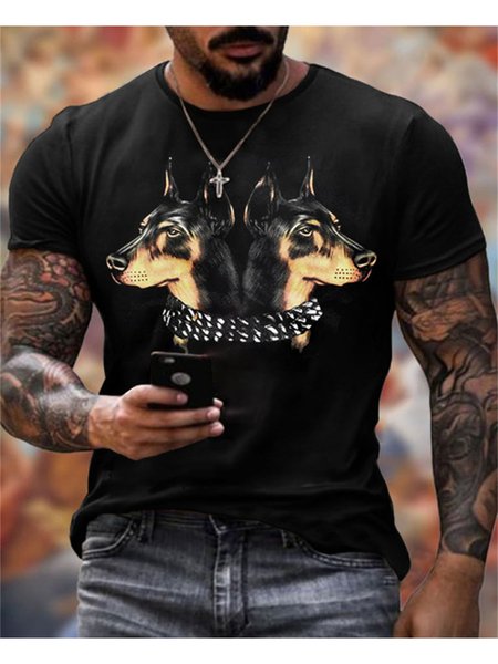 Men's Dog Animal Street Crew Neck Short Sleeve T-shirt, Black, T-shirt