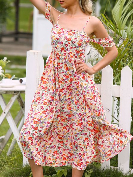 

Regular Fit Spaghetti Floral Dresses, Yellow, Floral Dresses