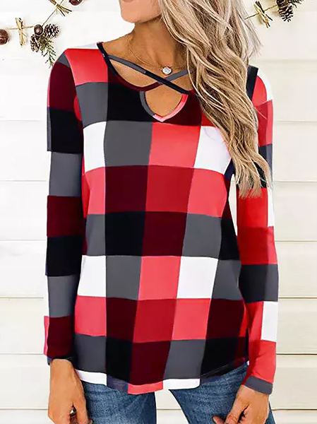 

Casual Plaid Print Criss-Cross Long Sleeve Blouse & Tops, Red, Long sleeve tops