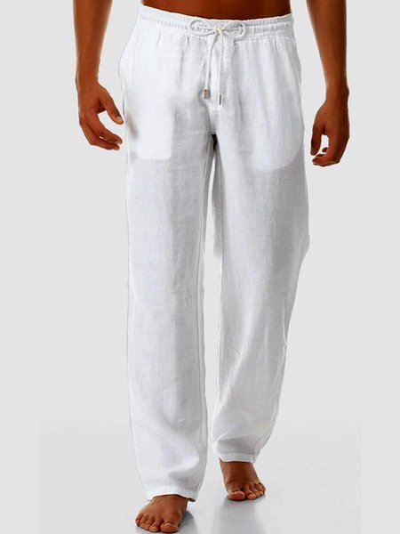 Men's Simple Plain Casual Cotton And LinenTrousers, White, Pants