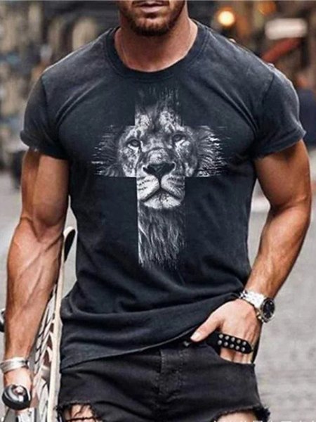 

Men's Lion Print Crew Neck Short Sleeve Casual T-shirt, Black, T-shirt