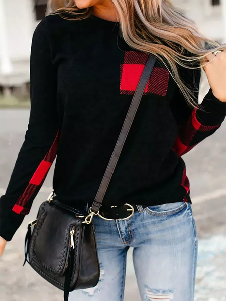 

Buffalo Plaid Splicing Pocket Long Sleeve Casual Blouse & Tops, Black, Long sleeve tops