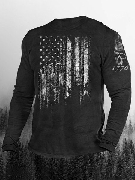 

Men's Retro Flag Pattern Outdoor Crew Neck Long sleeve T-shirt, T-shirt