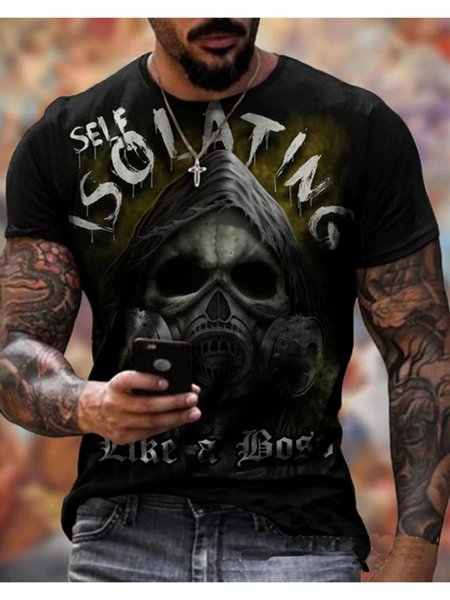 

Men's Skull Letter Casual Crew Neck Short sleeve T-shirt, Black, T-shirt