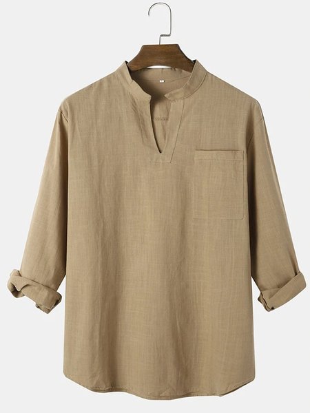 

Men's Plain Cotton And Linen V-neck Casual Long-sleeved Shirt, Brown, Shirt