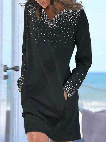 

Silver Ironing craft V-neck Long Sleeve Mini dress, Black, Mini Dresses