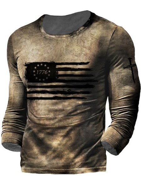 

Men's Retro Flag Pattern Casual Long-sleeved T-shirt, T-shirt