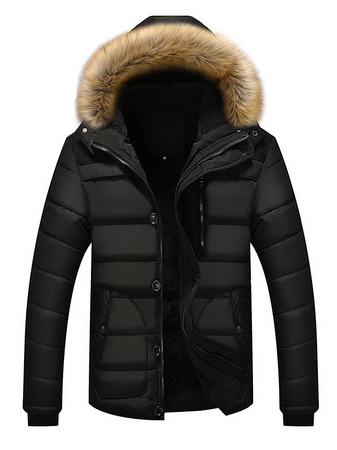 

Men's Plus Velvet Thick Hooded Fur Collar Long-Sleeved Fleece Coat, Black, Jacket