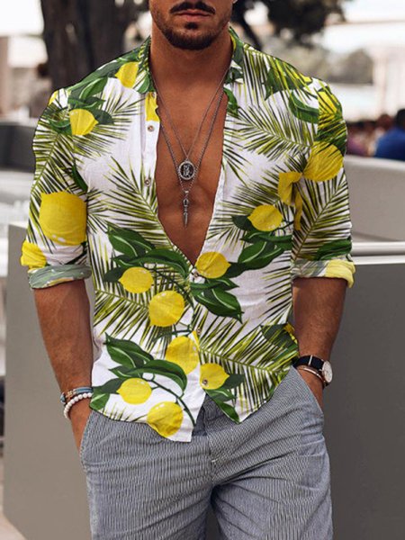 

Men's Lemon Pattern Casual Vacation Long Sleeve Shirt, As picture, Shirt