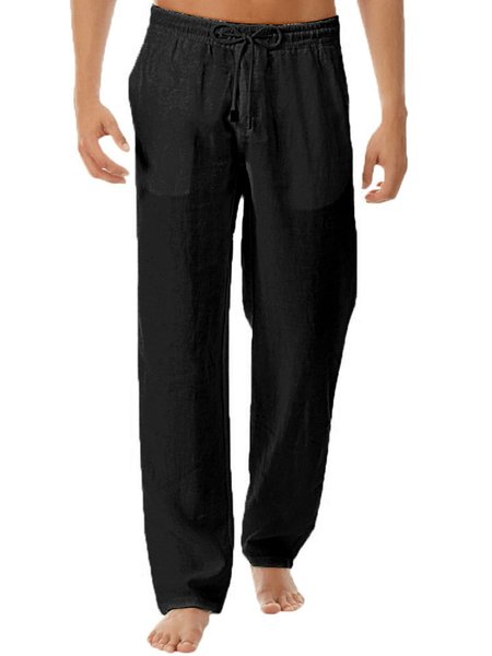

Men's Simple Plain Casual Cotton And LinenTrousers, Black, Pants