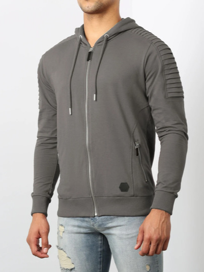 

Men's Hooded Cardigan Pleated Design Long Sleeve Sweatshirt, Deep gray, Outerwear