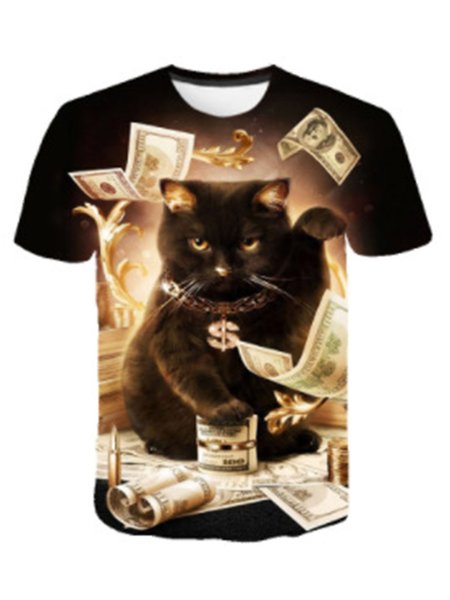 

Men's Cat Print Crew Neck Short Sleeve Casual T-shirt, Black, T-shirt