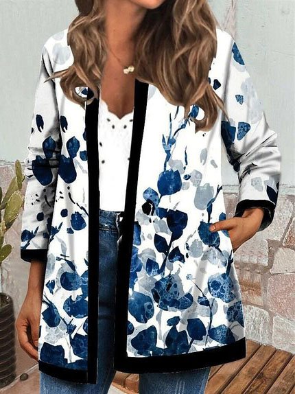 

Loosen Floral Color Block Printed Long Sleeve Outerwear, White, Coats