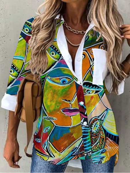 

Casual Long Sleeve Shirt Collar Plus Size Printed Tops Blouses, Multicolor, Blouses & Shirts