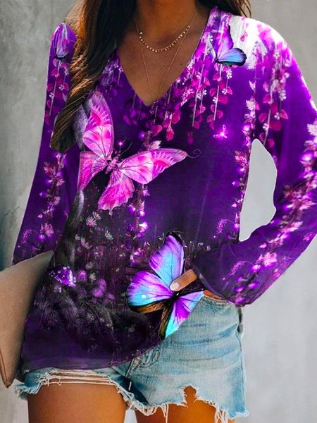 

V Neck Cotton Blends Shirts & Tops, Purple, T-Shirts