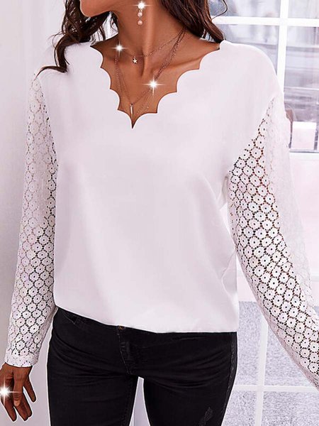 

Sexy Lrochet Lace Solid Regular Fit V Neck Long Sleeve Tops, White, Tops