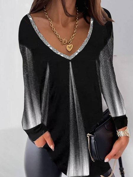 

Loosen Cotton Blends V Neck Shirts & Tops, Black, Long sleeve tops