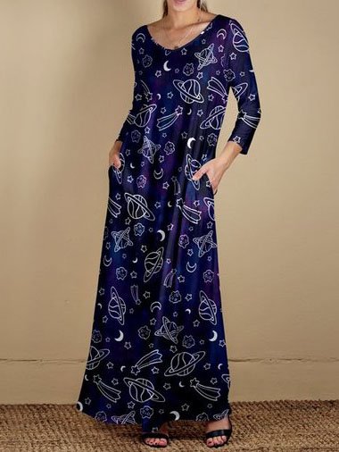 

V neck Geometric Printed A-line Long Dresses, Dark blue, Tie dye dress