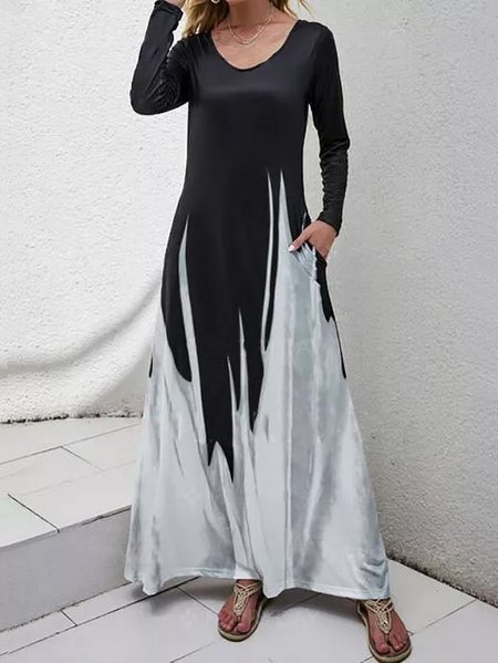 

Color Block Cotton Blends Crew Neck Dresses, Black, Tie dye dress