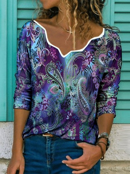 

Paisley Print Irregular Neck Long Sleeve T-shirts, Purple, T-Shirts