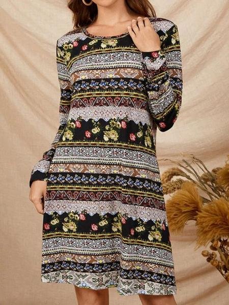 

A-line Ethnic Floral Geometric Printed Crew Neck Dresses, Multicolor, Boho dresses