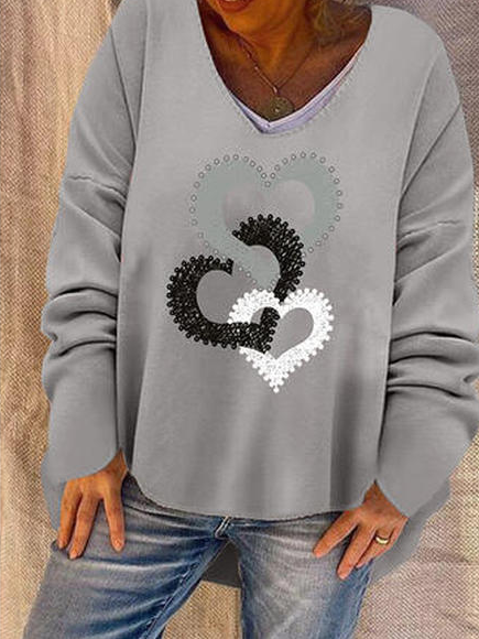 

Plus Size Geometric Cotton Blends Shirts & Tops, Gray, Long sleeve tops
