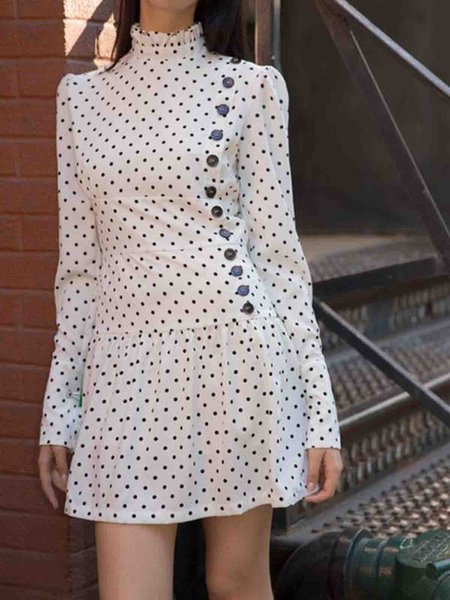 

Long sleeve Polka Dots Elegant Dress, White, Mini Dresses