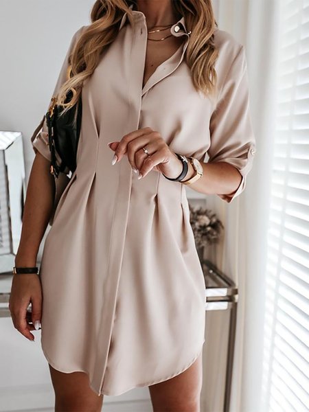 

Shirt Collar Long Sleeves Loosen Mini Weaving Dress, Khaki, Mini Dresses
