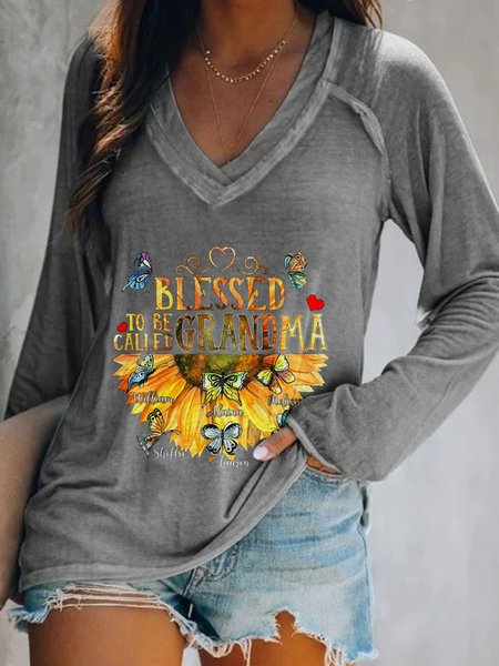 

Printed Casual V Neck Long Sleeve Tops, Gray, T-Shirts