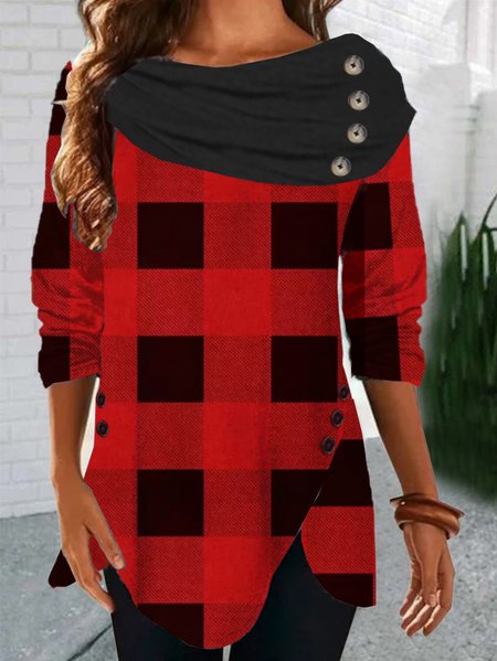 

Grid Cowl Neck Casual Shirts & Tops, As picture, T-Shirts
