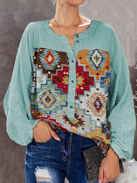 

V-neck button Polyester Cotton Loosen West Styles/Cows Shirts & Tops, Lake blue, Tops