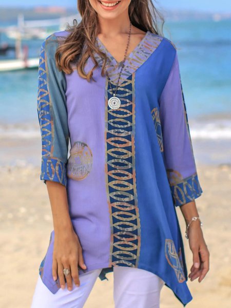 

Irregular Craftsmanship Tribal Printed 3/4 Sleeves V Neck Plus Size Casual Tunic Tops, Multicolor, Tops