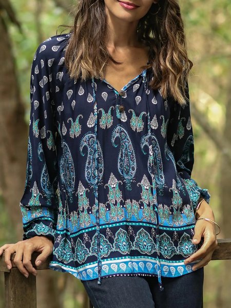 

Paisley Printed Long Sleeves V Neck Plus Size Casual Tops, Multicolor, Tops