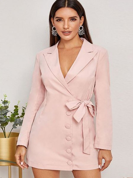 

Elegant Loosen Solid Outerwear With Belt, Pink, Blazers