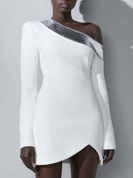 

Formal,Date,Evening,Party One Shoulder Patchwork Regular Fit Elegant Dresses, White, Mini Dresses