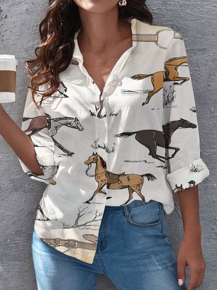 

Horses Printed Vintage Long Sleeve Blouse, White, Shirts & Blouses