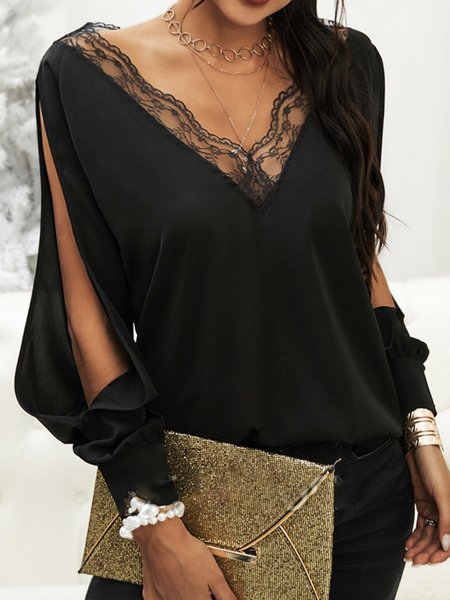 

Casual V Neck Loosen Shirts & Tops, Black, Tops