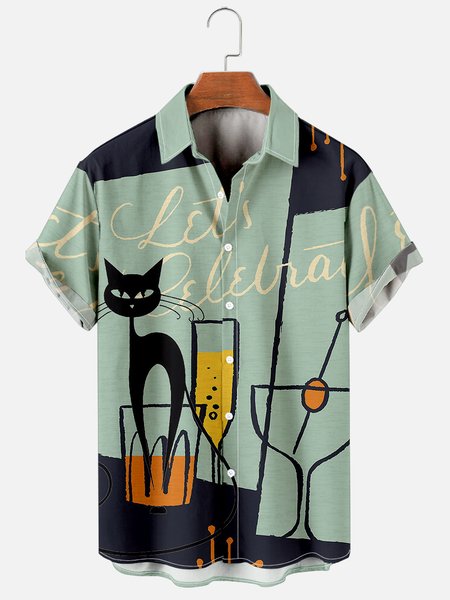 

Geometric Cat Casual Shirt, Green, Men's Floral shirt