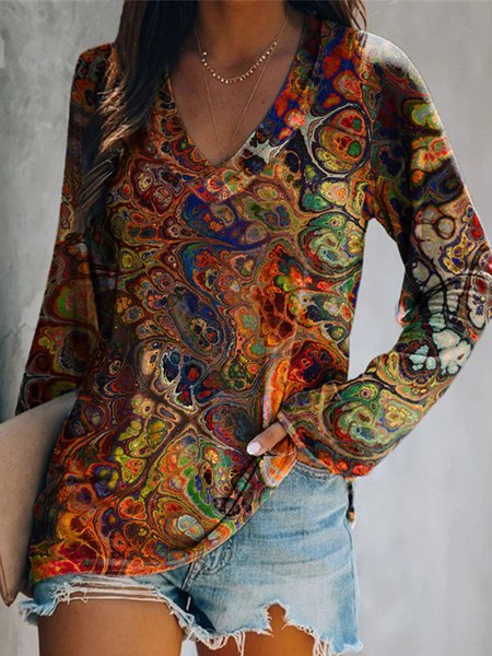 

Casual Long Sleeve V Neck Printed Top, Multicolor, Tops