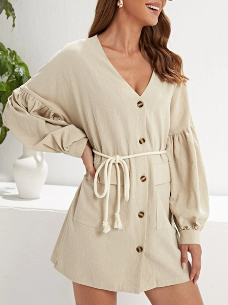 

Plain Casual V Neck Dresses, Khaki, Casual Dresses