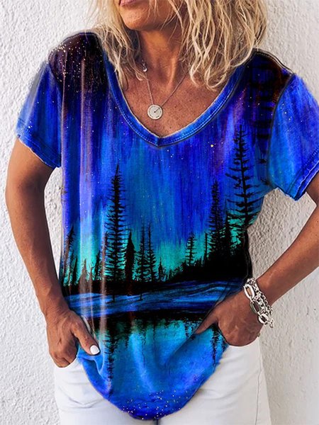 

Short Sleeve V Neck Landscape Print Casual T-shirt, Blue, T-Shirts
